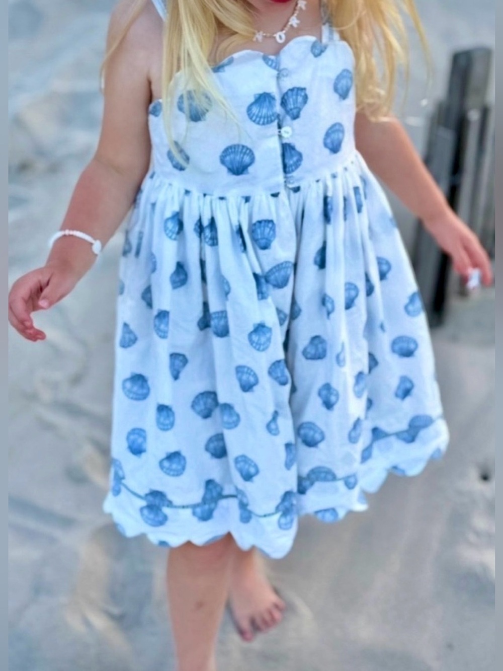 Sigrid Olsen Kids Girl’s Seashell Dress Cotton White Blue Shell Buttons Size 3T